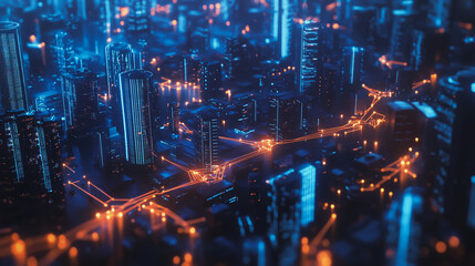 Fototapeta premium Night lights, a city of modern business and smart digital innovation with a network of interconnected rewards over the cityscape of the future smart wireless digital city and social media network that