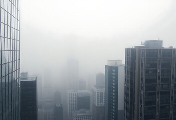 foggy city skyline with skyscrapers in the foreground