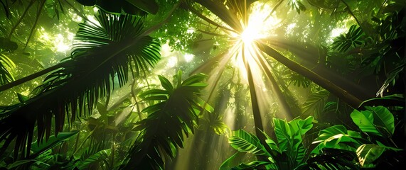 Obraz premium Lush tropical jungle canopy bursting with radiant green leaves illuminated by filtered golden sun shafts