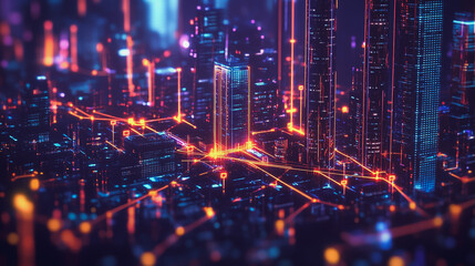 Fototapeta premium Night lights, a city of modern business and smart digital innovation with a network of interconnected rewards over the cityscape of the future smart wireless digital city and social media network that