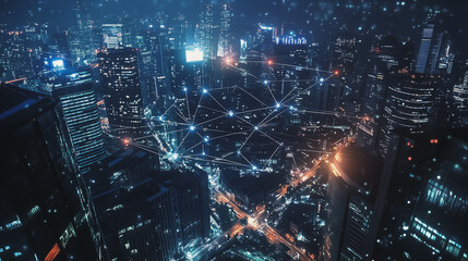 Obraz premium Night lights, a city of modern business and smart digital innovation with a network of interconnected rewards over the cityscape of the future smart wireless digital city and social media network that