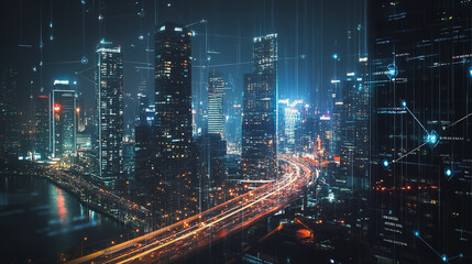 Fototapeta premium Night lights, a city of modern business and smart digital innovation with a network of interconnected rewards over the cityscape of the future smart wireless digital city and social media network that