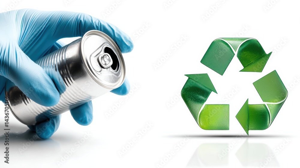 Poster gloved hand holding crushed can above recycling sign on white backdrop promotes environmentally frie