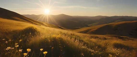 Late afternoon sunlight warming gentle hills covered in swaying golden grasses and scattered wildflowers