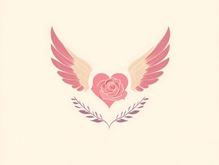 Fototapeta premium Pink heart with rose and wings, a symbol of love.