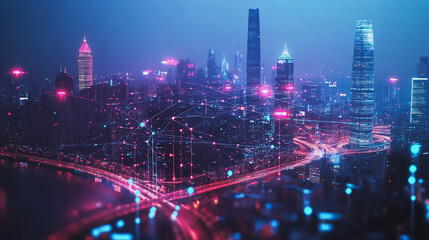 Fototapeta premium Night lights, a city of modern business and smart digital innovation with a network of interconnected rewards over the cityscape of the future smart wireless digital city and social media network that