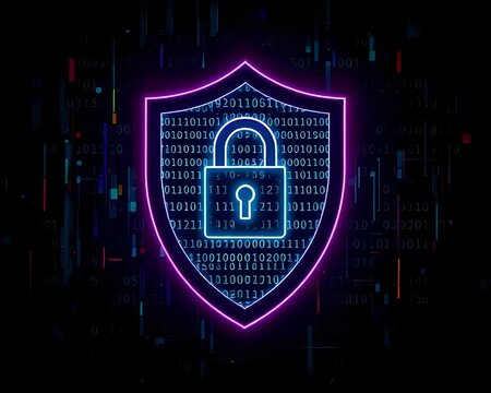 Cybersecurity shield icon with binary code texture, dark mode palette
