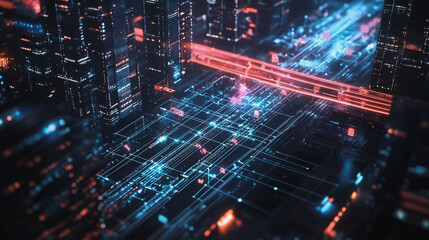 Night lights, a city of modern business and smart digital innovation with a network of interconnected rewards over the cityscape of the future smart wireless digital city and social media network that