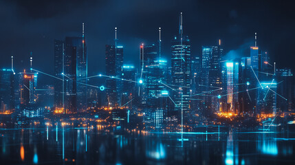 Night lights, a city of modern business and smart digital innovation with a network of interconnected rewards over the cityscape of the future smart wireless digital city and social media network that