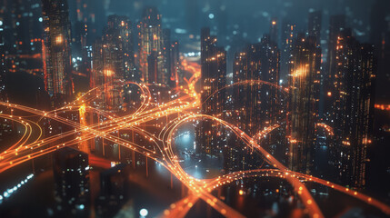 Night lights, a city of modern business and smart digital innovation with a network of interconnected rewards over the cityscape of the future smart wireless digital city and social media network that