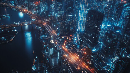 Fototapeta premium Night lights, a city of modern business and smart digital innovation with a network of interconnected rewards over the cityscape of the future smart wireless digital city and social media network that
