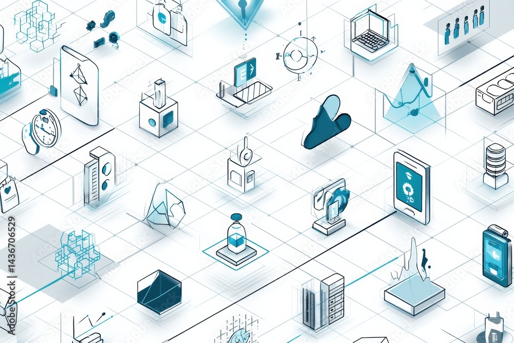 Aufkleber Isometric Icons and Digital Symbols Arranged on a Clean Grid Background for Modern Design Applications