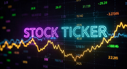 Obraz premium Stock ticker showing increasing chart with colorful neon sign on digital screen