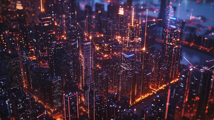 Naklejka premium Night lights, a city of modern business and smart digital innovation with a network of interconnected rewards over the cityscape of the future smart wireless digital city and social media network that
