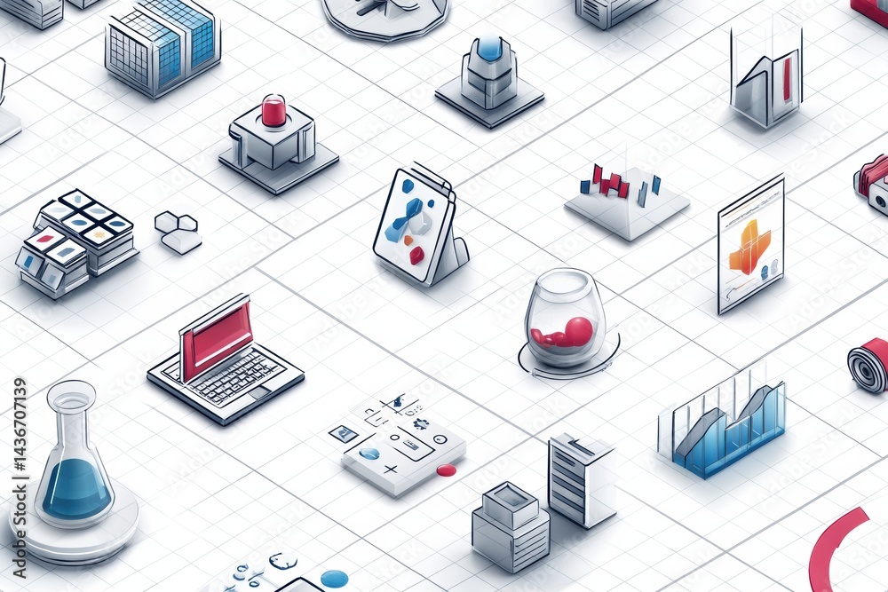 Poster Isometric Icons and Digital Symbols Arranged on a Clean Grid Background Featuring Various Tech and Data Representations