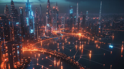 Night lights, a city of modern business and smart digital innovation with a network of interconnected rewards over the cityscape of the future smart wireless digital city and social media network that