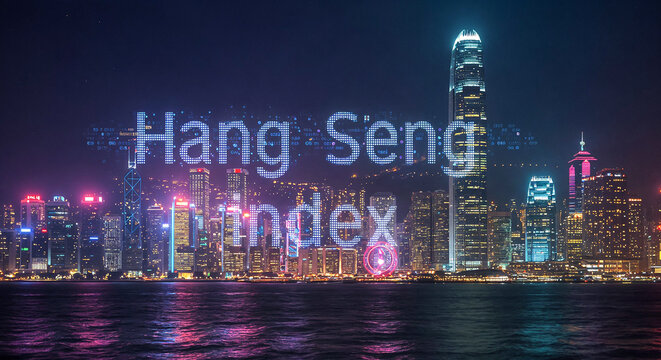 Hang seng index hovering over hong kong skyline at night representing financial market - Powered by Adobe