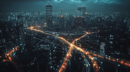 Obraz premium Night lights, a city of modern business and smart digital innovation with a network of interconnected rewards over the cityscape of the future smart wireless digital city and social media network that