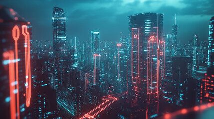 Obraz premium Night lights, a city of modern business and smart digital innovation with a network of interconnected rewards over the cityscape of the future smart wireless digital city and social media network that