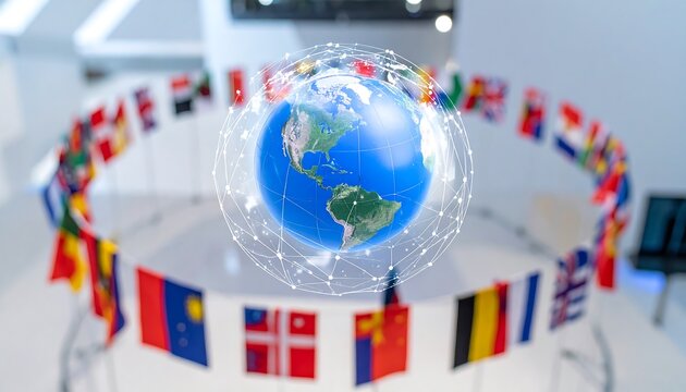 A global connectivity concept a world globe surrounded by a network of interconnected lines, and a circle of various international flags. Suitable for travel, business, and international relations.