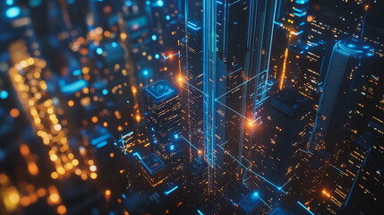 Night lights, a city of modern business and smart digital innovation with a network of interconnected rewards over the cityscape of the future smart wireless digital city and social media network that