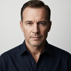 Obraz premium A composed, mature man with a subtle expression is captured in a studio portrait setting.