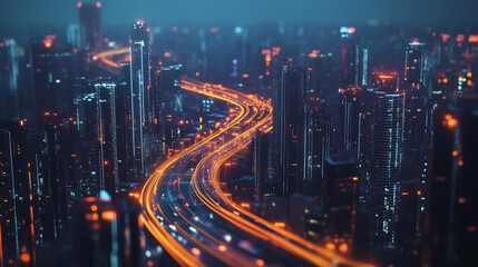 Fototapeta premium Night lights, a city of modern business and smart digital innovation with a network of interconnected rewards over the cityscape of the future smart wireless digital city and social media network that