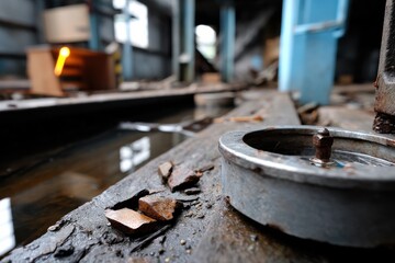 This image features a close-up of a rusty metal piece surrounded by water in a dilapidated, abandoned setting, highlighting themes of decay and neglect.