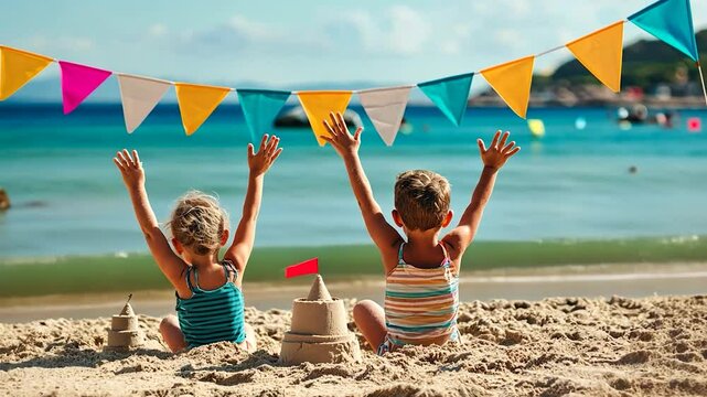 Children enjoying a beach day, celebrating their sandcastle with colorful bunting.