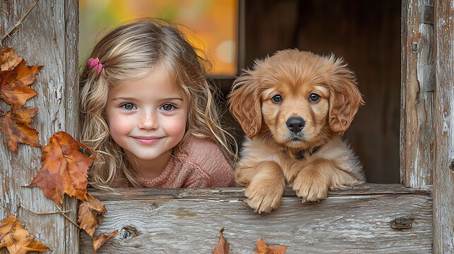 Adorable girl and golden retriever puppy peek from rustic wooden window frame, autumn leaves scattered around.  Perfect for themes of friendship, childhood, pets, fall, nature.