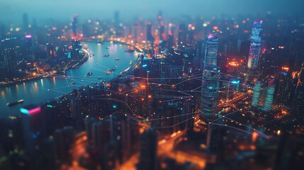 Night lights, a city of modern business and smart digital innovation with a network of interconnected rewards over the cityscape of the future smart wireless digital city and social media network that