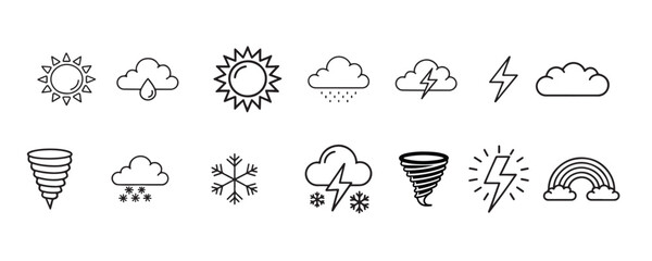 Naklejka premium Minimalist Flat Vector Icons: Sun, Cloud, Rain, Thunder, Snowflake, Wind, Rainbow, Tornado