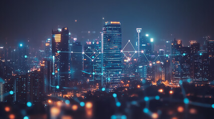 Night lights, a city of modern business and smart digital innovation with a network of interconnected rewards over the cityscape of the future smart wireless digital city and social media network that