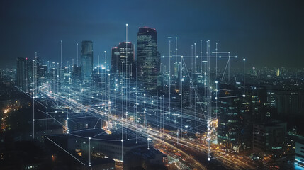 Fototapeta premium Night lights, a city of modern business and smart digital innovation with a network of interconnected rewards over the cityscape of the future smart wireless digital city and social media network that