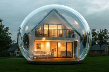 Two-story house encased in a transparent protective bubble, glowing warmly against a suburban backdrop, symbolizing safety and resilience.