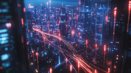 Obraz premium Night lights, a city of modern business and smart digital innovation with a network of interconnected rewards over the cityscape of the future smart wireless digital city and social media network that