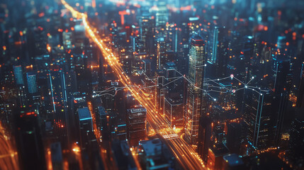 Fototapeta premium Night lights, a city of modern business and smart digital innovation with a network of interconnected rewards over the cityscape of the future smart wireless digital city and social media network that