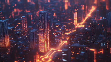Naklejka premium Night lights, a city of modern business and smart digital innovation with a network of interconnected rewards over the cityscape of the future smart wireless digital city and social media network that