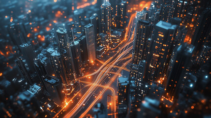 Obraz premium Night lights, a city of modern business and smart digital innovation with a network of interconnected rewards over the cityscape of the future smart wireless digital city and social media network that