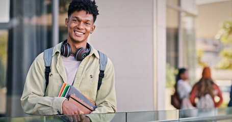 Man, university student and smile in outdoor with pride for education, progress and study in Cuba. Male person, college learner and happy on portrait with confidence for exams and assessment