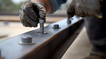 Worker Tightening a Nut on a Steel Beam