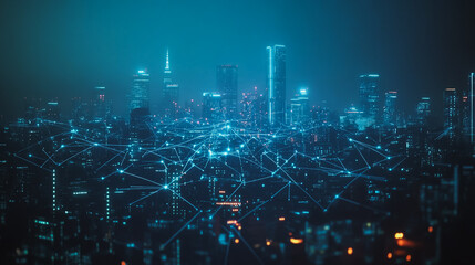 Obraz premium Night lights, a city of modern business and smart digital innovation with a network of interconnected rewards over the cityscape of the future smart wireless digital city and social media network that