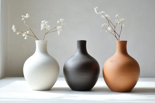 Three ceramic vases in white, black, and terracotta, each holding a small sprig of dried flowers. - Powered by Adobe