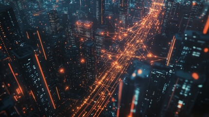 Obraz premium Night lights, a city of modern business and smart digital innovation with a network of interconnected rewards over the cityscape of the future smart wireless digital city and social media network that