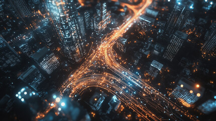 Obraz premium Night lights, a city of modern business and smart digital innovation with a network of interconnected rewards over the cityscape of the future smart wireless digital city and social media network that