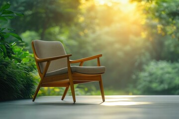 A serene wooden armchair sits outdoors bathed in warm sunlight, amidst lush green foliage.