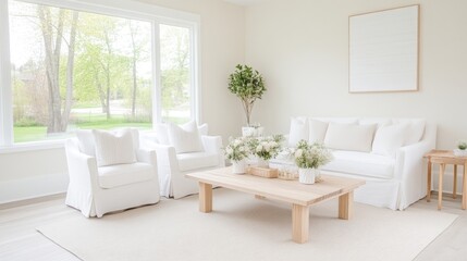 Light-filled living room with neutral tones and natural elements