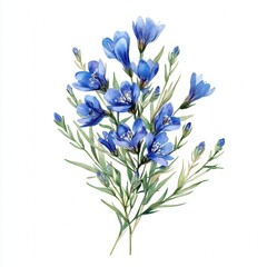 Watercolor illustration of a bouquet of blue wildflowers, featuring flat art style against a clean white background.