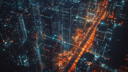 Obraz premium Night lights, a city of modern business and smart digital innovation with a network of interconnected rewards over the cityscape of the future smart wireless digital city and social media network that