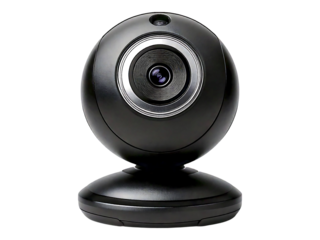 Sleek black webcam, spherical design, perfect for video conferencing, online streaming, or tech blogs.  High-quality image, clean background, ideal for websites and presentations.